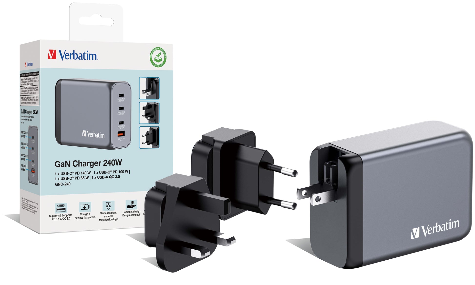 Verbatim GNC-240 Netzteil (EU/UK/US) – 240 W, 1× USB-C + 1× USB-A, QC 3.0, GaN