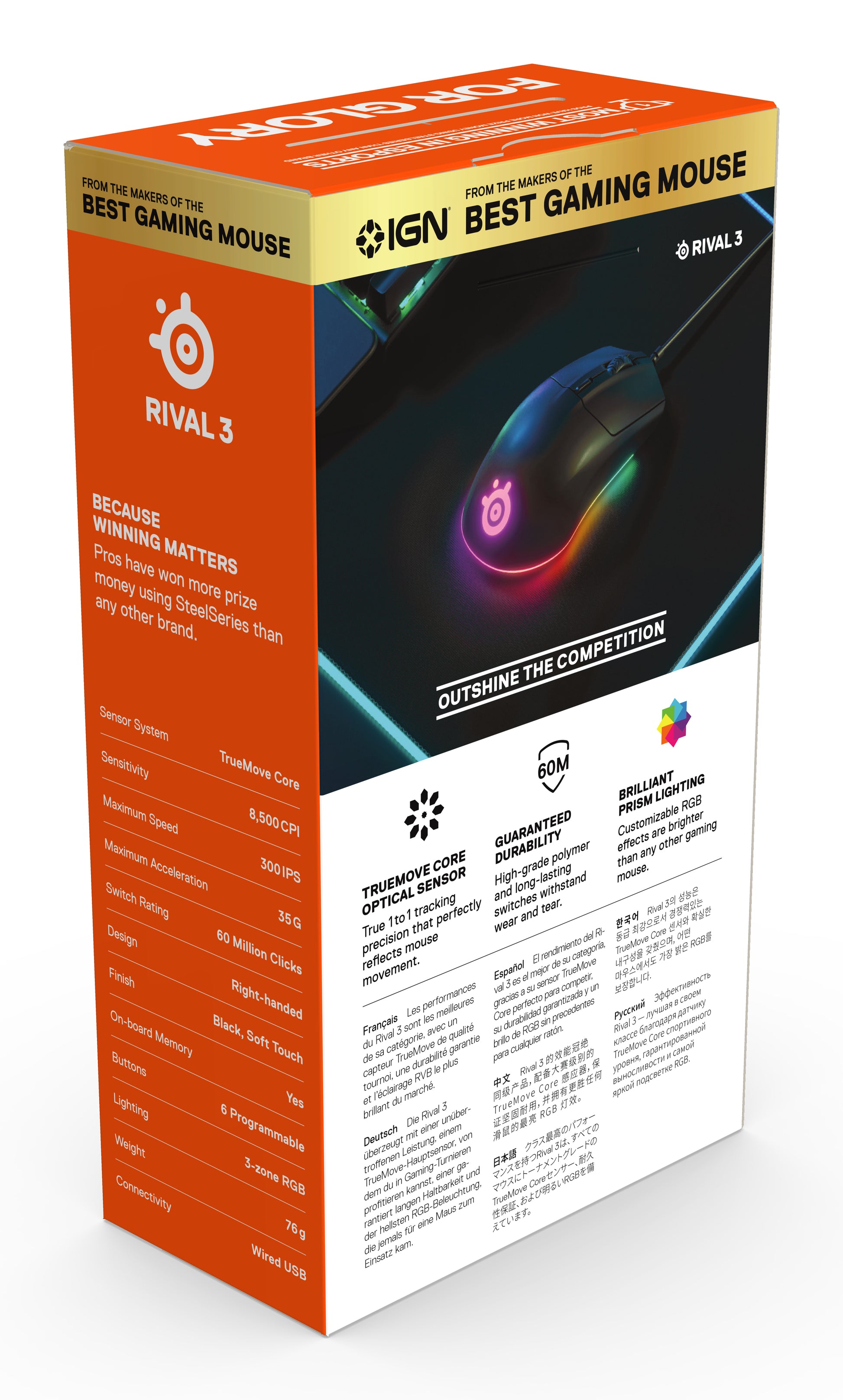 SteelSeries Rival 3 – Gaming-Maus – Kabelgebunden (USB‑A), 8500 DPI, RGB-Beleuchtung, rechts, Schwarz