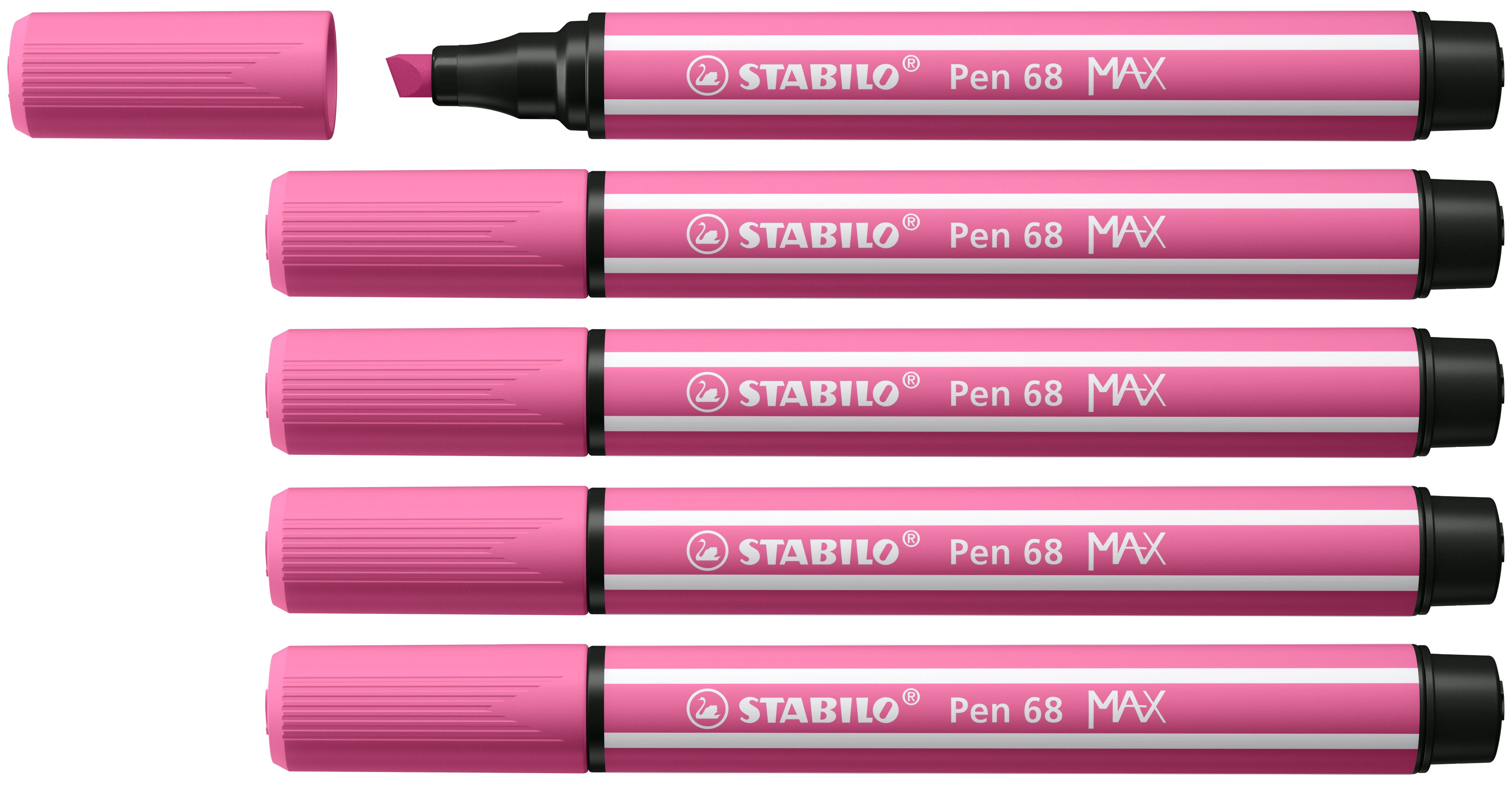 STABILO Pen 68 MAX Filzstift – Keilspitze, 1–5 mm, wasservermalbar, Pink, 5er Set