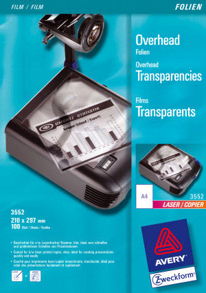 Avery Overheadfolie – für Laserdrucker, für s/w-Kopierer, A4 (210×297 mm), 100 Blatt