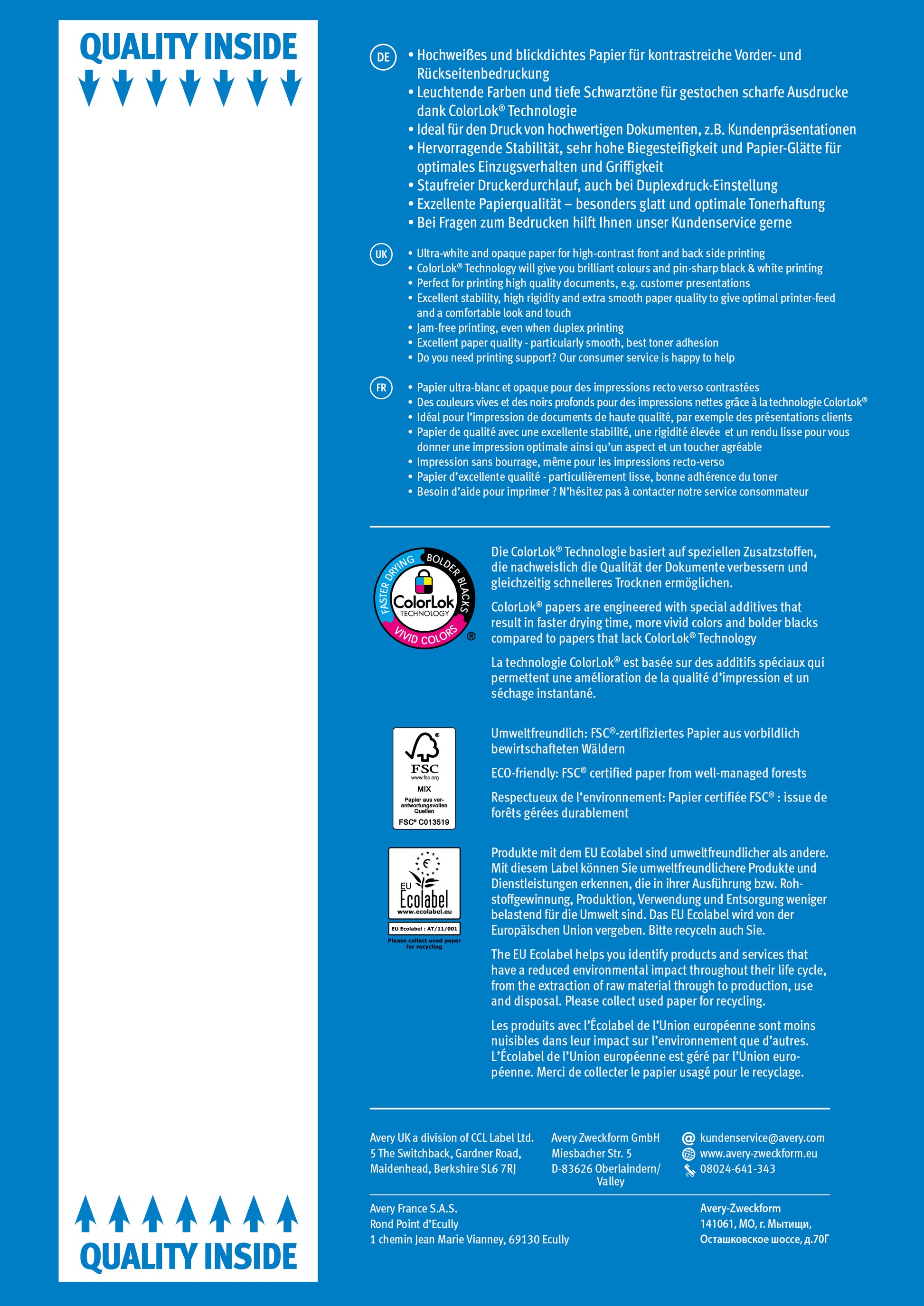 Avery Kopierpapier – A4, 80 g/m², weiss – für Inkjet/Laser/Kopierer – FSC, EU Ecolabel – 500 Blatt