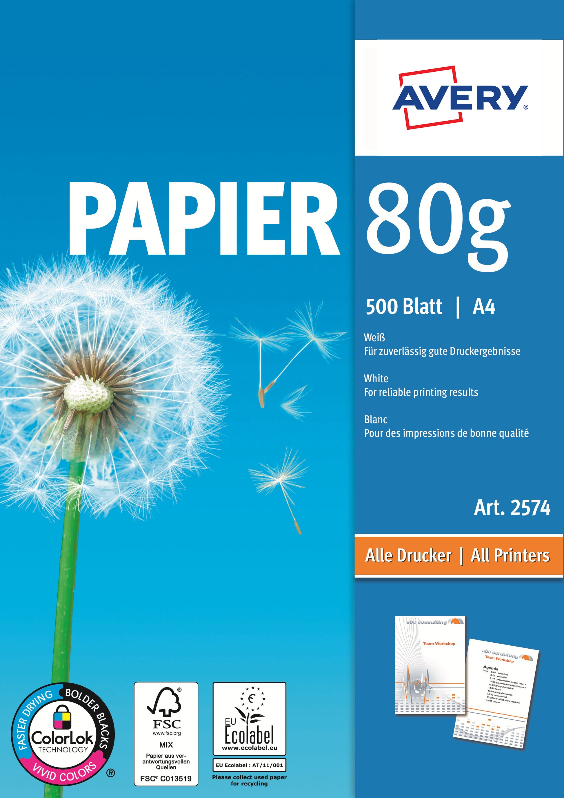 Avery Kopierpapier – A4, 80 g/m², weiss – für Inkjet/Laser/Kopierer – FSC, EU Ecolabel – 500 Blatt