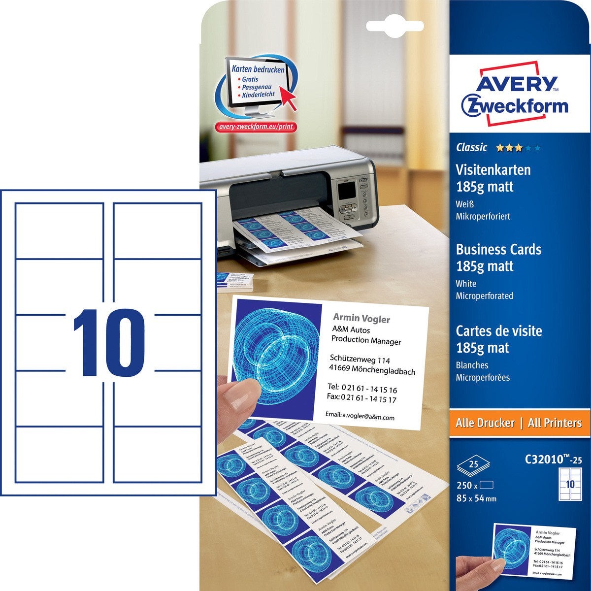 Avery Visitenkarten, 85 × 54 mm – A4, 10 pro Blatt – 250 Karten – FSC-zertifiziert, beidseitig bedruckbar