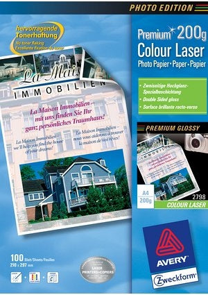 AVERY ZWECKFORM Premium Colour Laser Fotopapier – hochglänzend, A4, 200 g/m², 100 Blatt, beidseitig