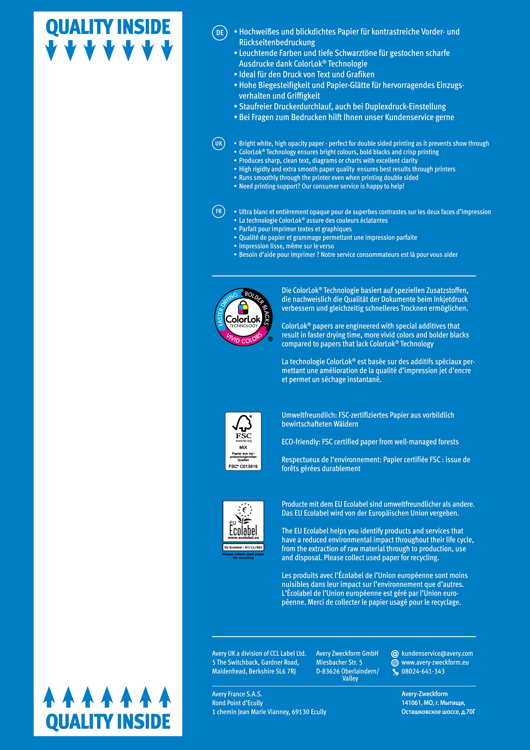 Avery Kopierpapier – A4, 90 g/m², CIE 170 – für Inkjet/Laser/Kopierer – FSC, EU Ecolabel – 500 Blatt