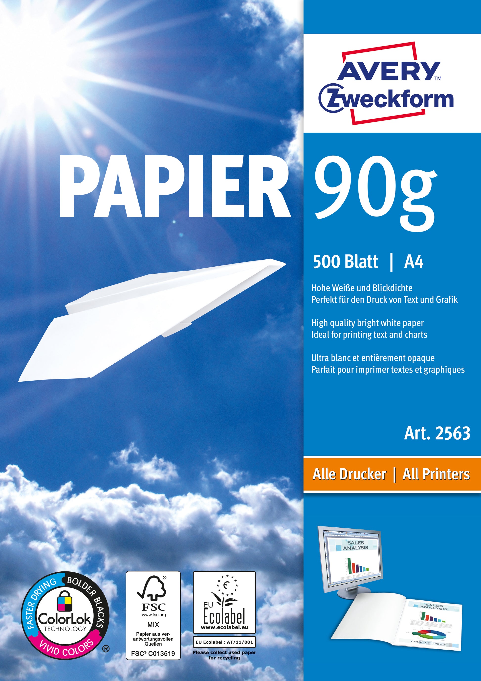 Avery Kopierpapier – A4, 90 g/m², CIE 170 – für Inkjet/Laser/Kopierer – FSC, EU Ecolabel – 500 Blatt