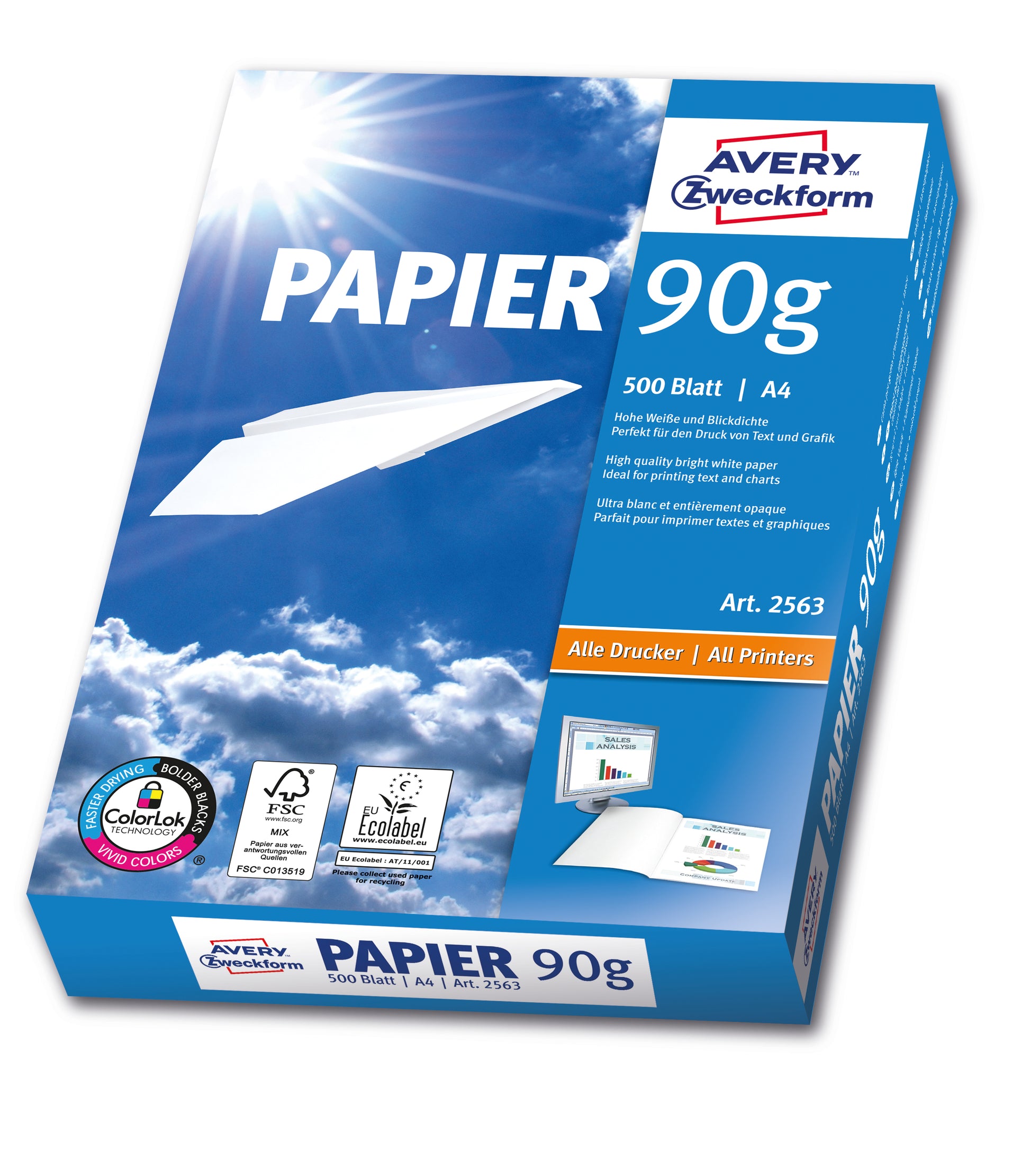 Avery Kopierpapier – A4, 90 g/m², CIE 170 – für Inkjet/Laser/Kopierer – FSC, EU Ecolabel – 500 Blatt