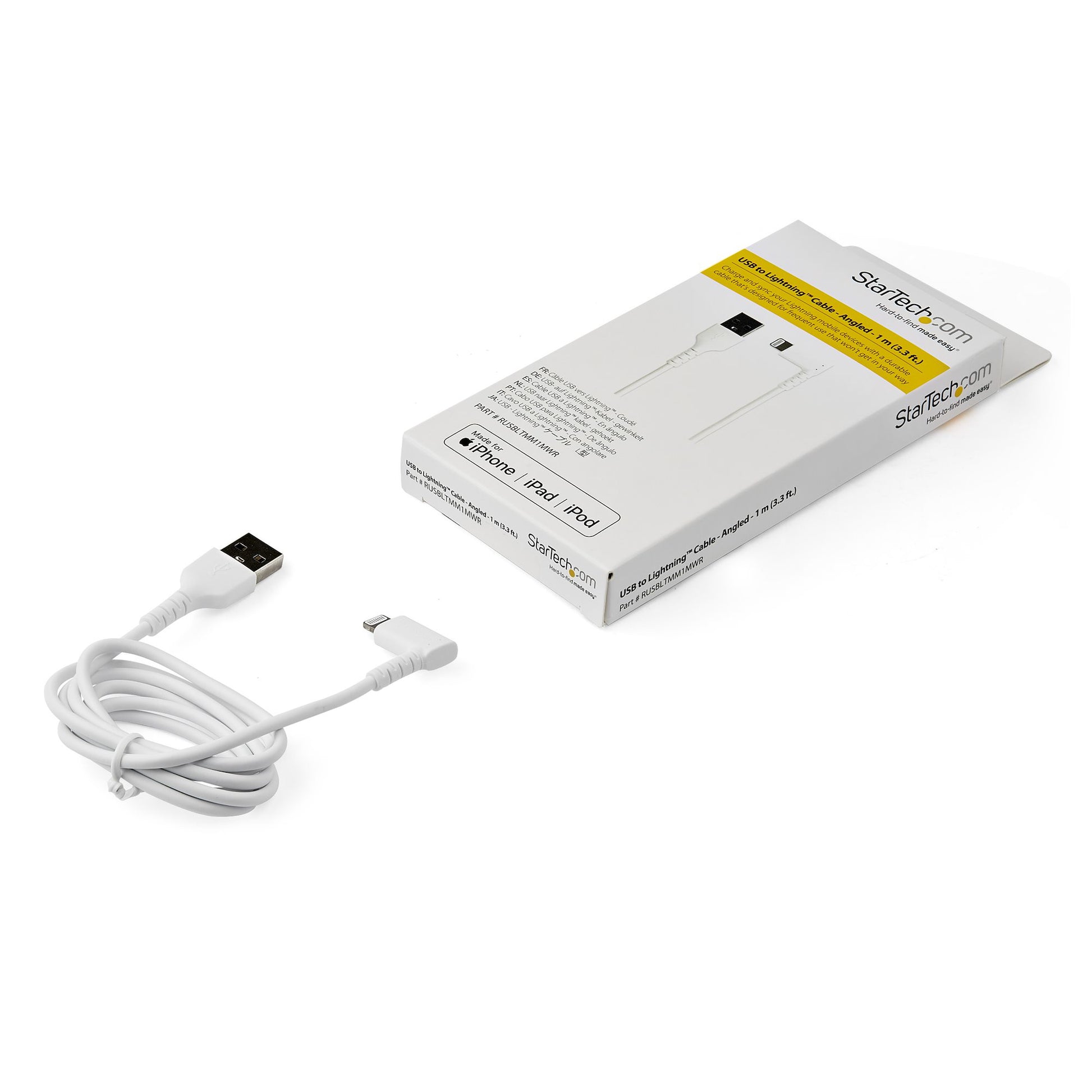 StarTech.com Kabel – USB-A auf Lightning 1 m, MFi-zertifiziert, abgewinkelt, Weiss – für iPhone/iPad