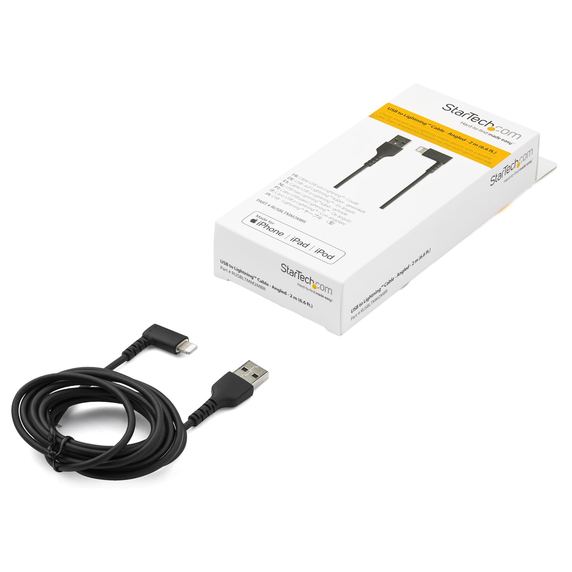 StarTech.com Kabel – Lightning auf USB-A 2 m, MFi zertifiziert, abgewinkelt, Schwarz – für iPhone/iPad
