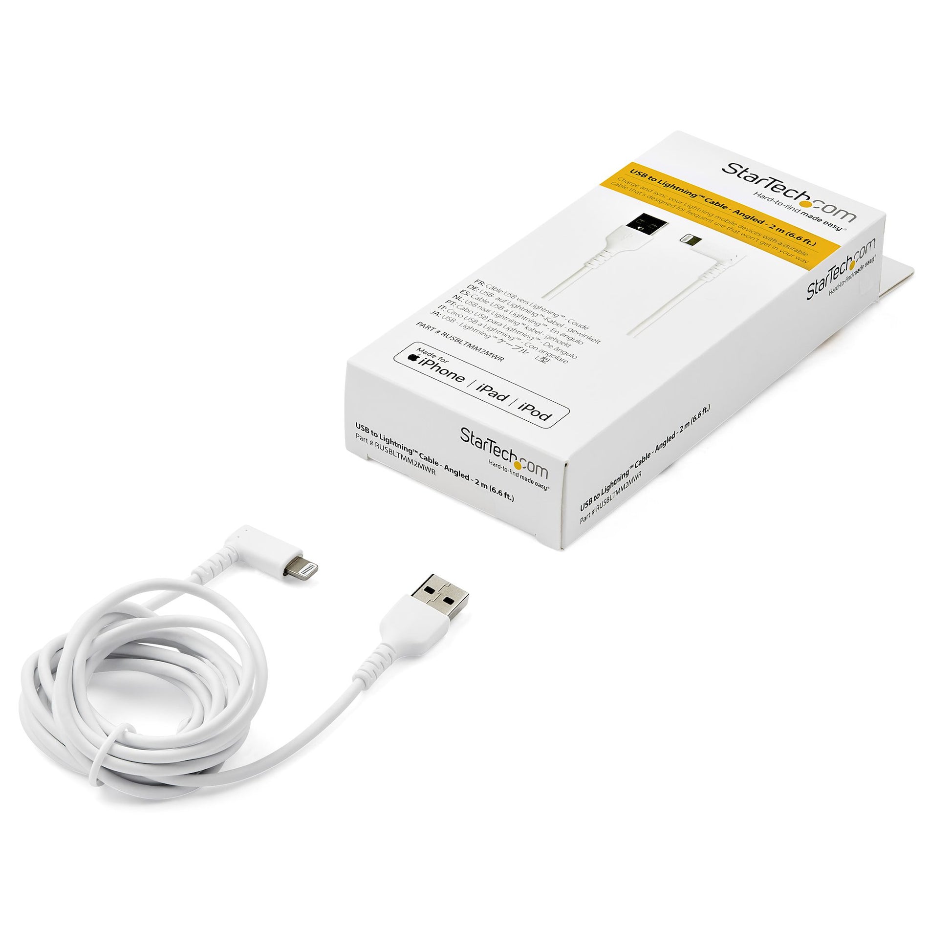StarTech.com Kabel – Lightning auf USB-A 2 m, MFi zertifiziert, abgewinkelt, Weiss – für iPhone/iPad