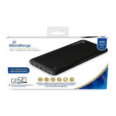 MediaRange Powerbank 25000 mAh, PD 22,5 W, 1× USB-C, 3× USB-A, Quick Charge 3.0, Schwarz