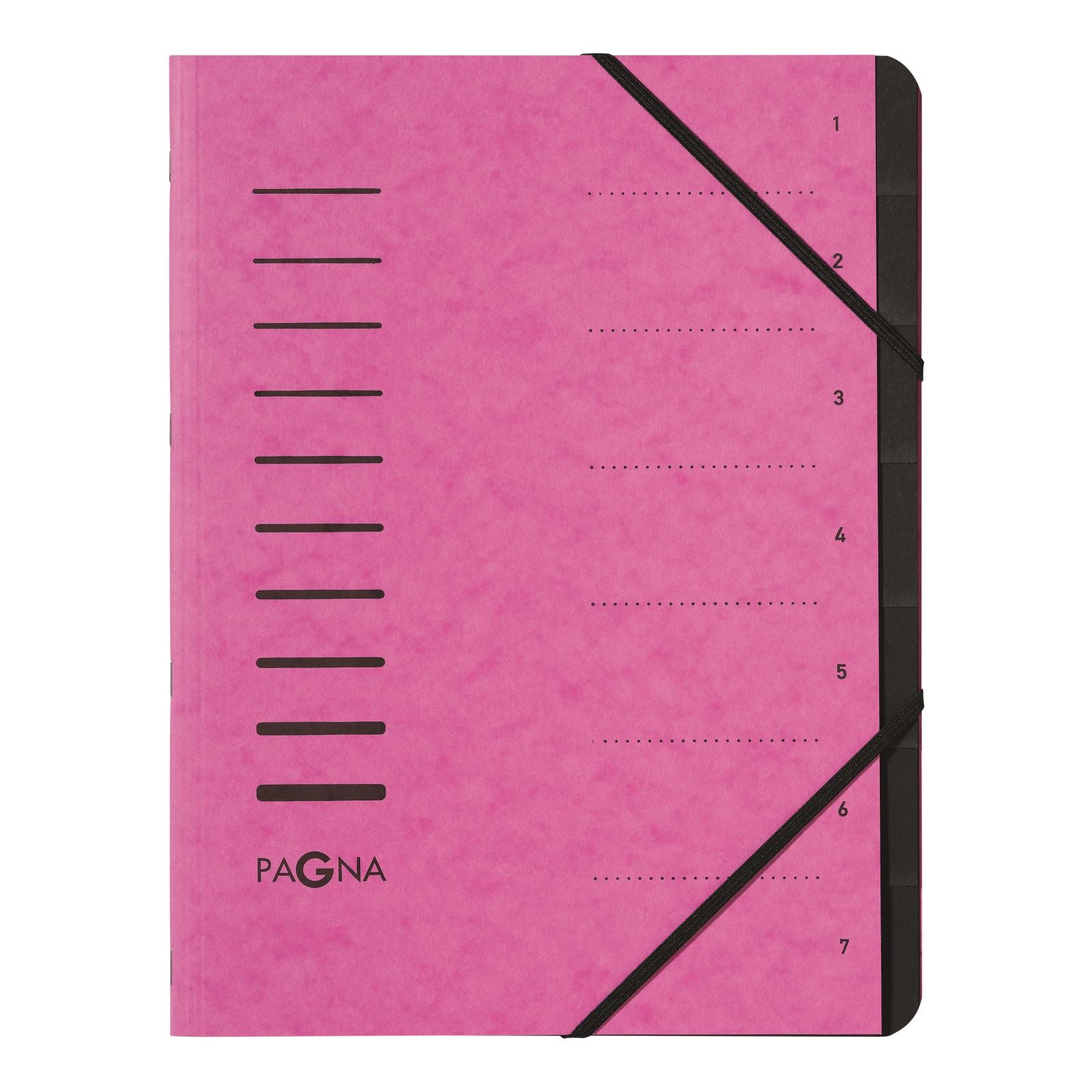 Pagna Fächermappe A4 – 7 Fächer, Gummiband, Karton, Pink, Aufdruck 1–7