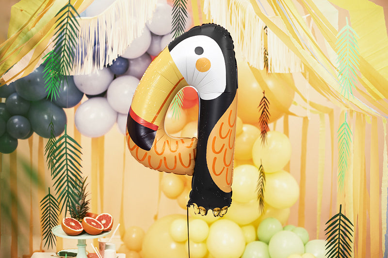 PartyDeco Folienballon Zahl 4 Tukan – Schwarz – 68 × 91 cm – Folie – 1 Stk – mit Helium befüllbar