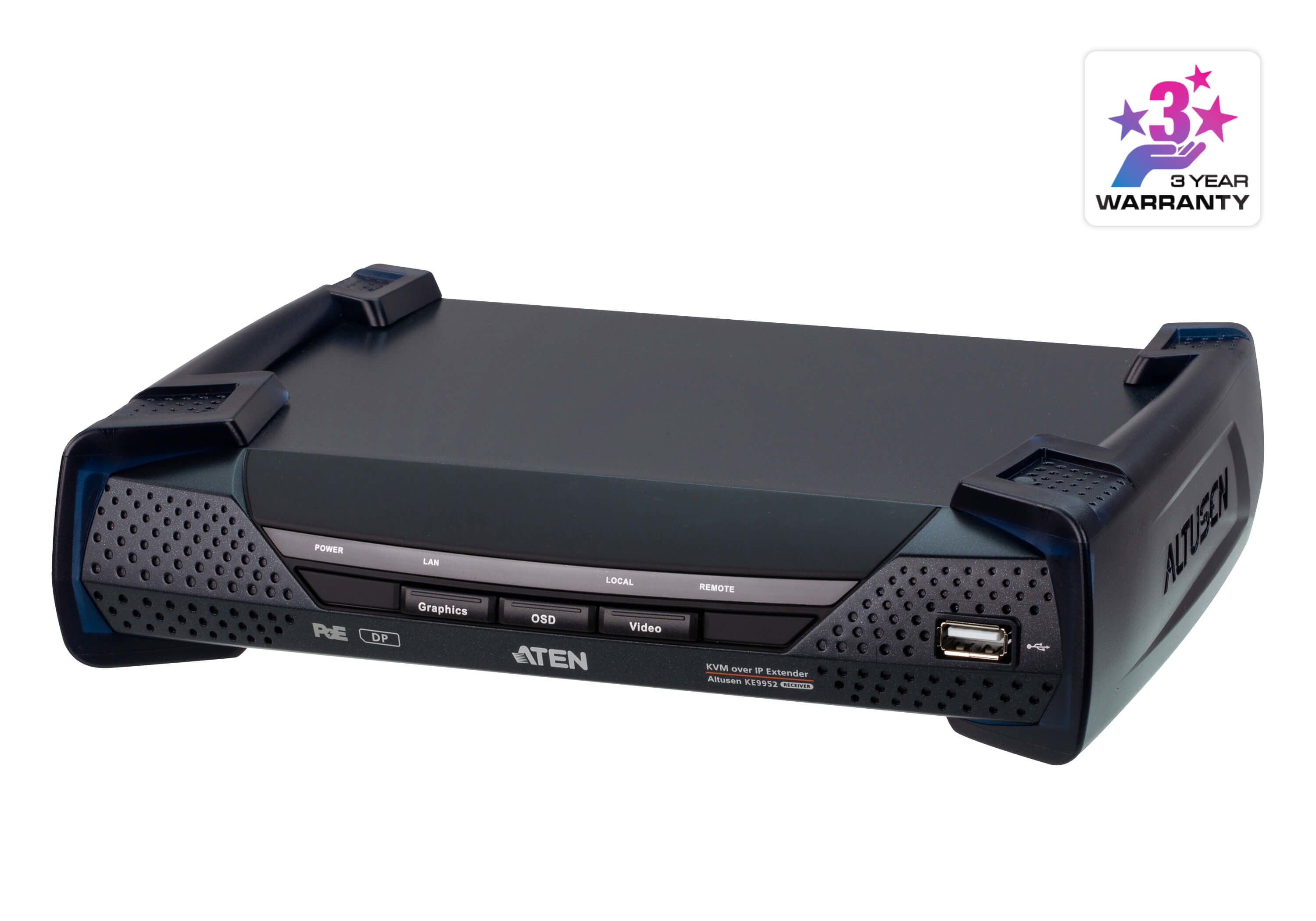 ATEN KE9952R – KVM-Extender (Empfänger, DisplayPort) – 4K (3840×2160 bei 30 Hz), PoE, rackfähig, schwarz