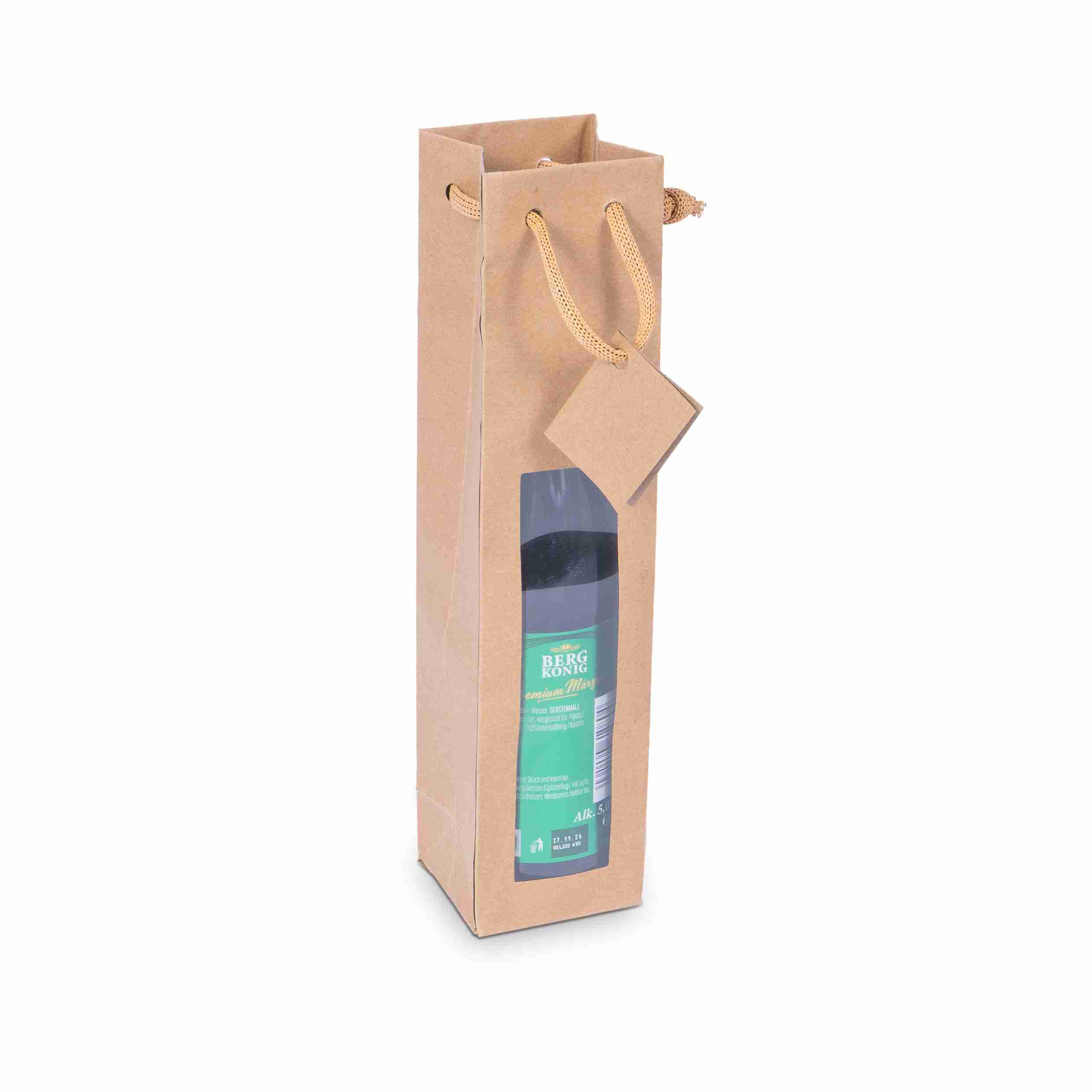 Model Flaschentüte Kraftpapier, natur, Sichtfenster, Kordel – 72 × 310 × 68 mm – für 1 Flasche – 1 Stk., ab 40 Stk.