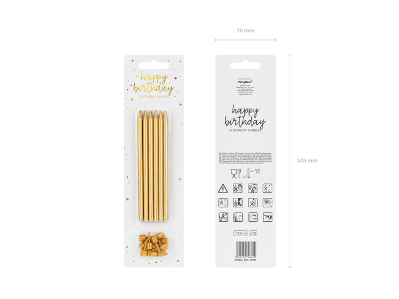 PartyDeco Kerzen – Gold – 12 cm – 12 Stk – mit Untertassen