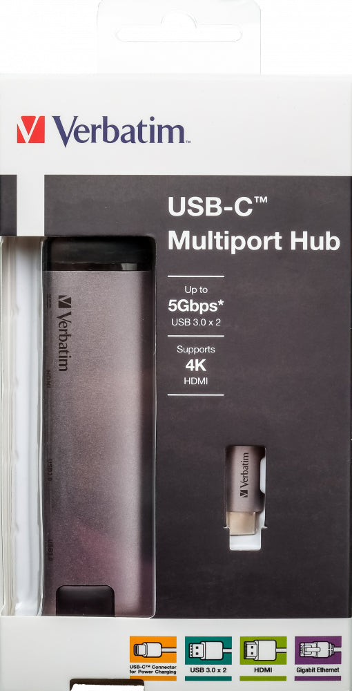 Verbatim 49141 Multiport-Adapter – USB-C, 1× HDMI, 3× USB-A, GbE, für Windows/Mac/Linux