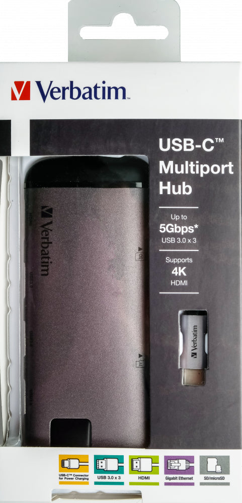 Verbatim 49142 Multiport-Adapter – USB-C, 1× HDMI, 2× USB-A, microSD, für Windows/Mac/Linux