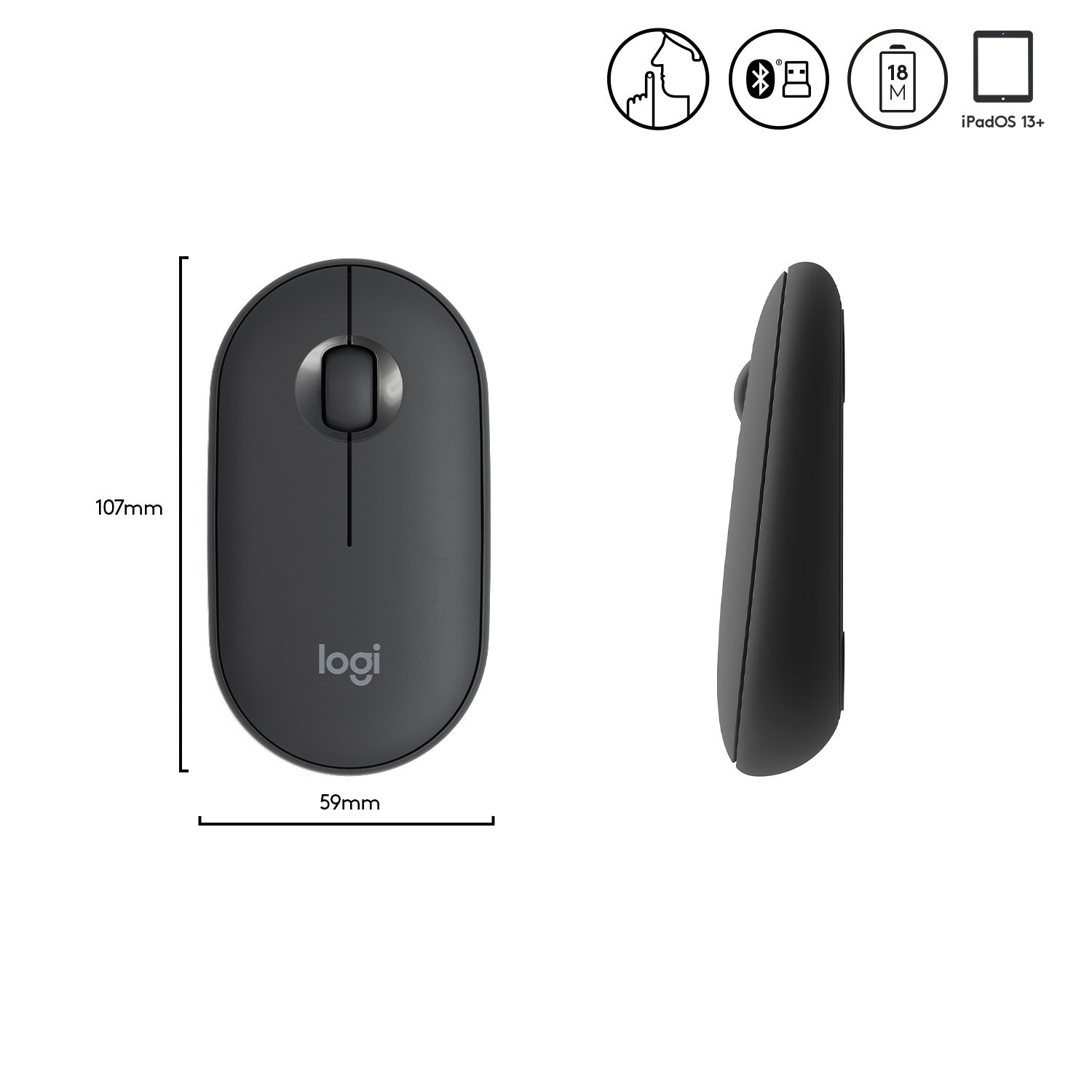 Logitech Pebble M350 Maus – kabellos, Bluetooth + 2,4 GHz, Graphit