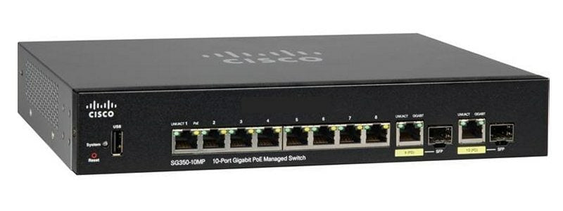 Cisco SG350-10MP – Managed Switch – 8×GbE, 2×SFP, L3, PoE+ 124 W, 1U
