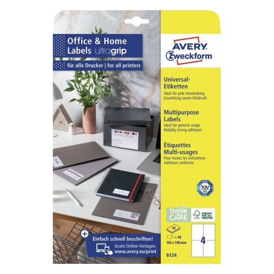 Avery 6124 – Etiketten A4 105 × 148 mm – Papier, weiss – permanent haftend – Laser/Inkjet – 4/Blatt, 10 Blätter