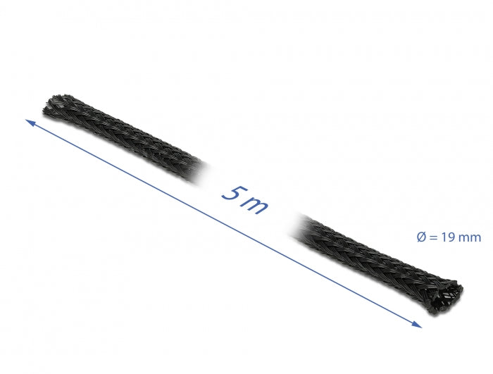 DeLOCK Kabelschlauch, Ø 19 mm × 5 m, dehnbar, schneidbar, hitzebeständig, wiederverwendbar – schwarz