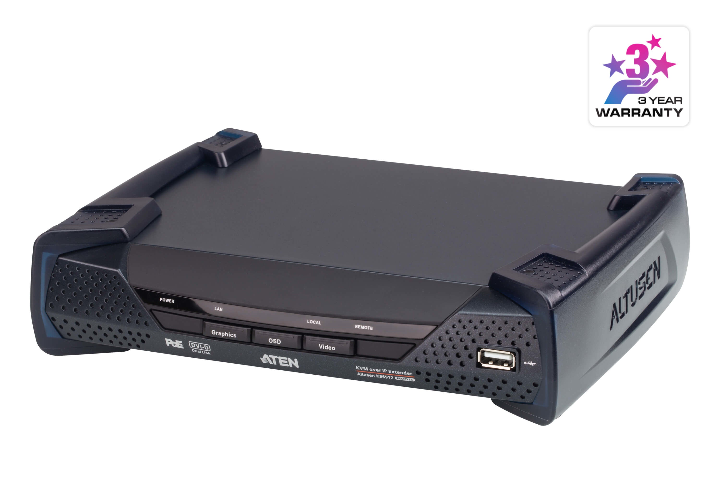 ATEN KE6912R – KVM over IP Empfänger, 1× DVI-D, USB-A, 2560×2048@50 Hz, 10 km, PoE