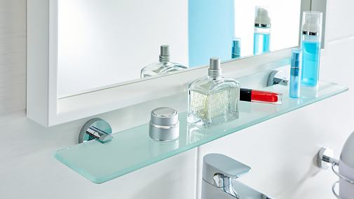 TESA Seifenhalter (Wand) Smooz – Glas/Metall, Klebestreifen, 60×12×5 cm, Chrom matt