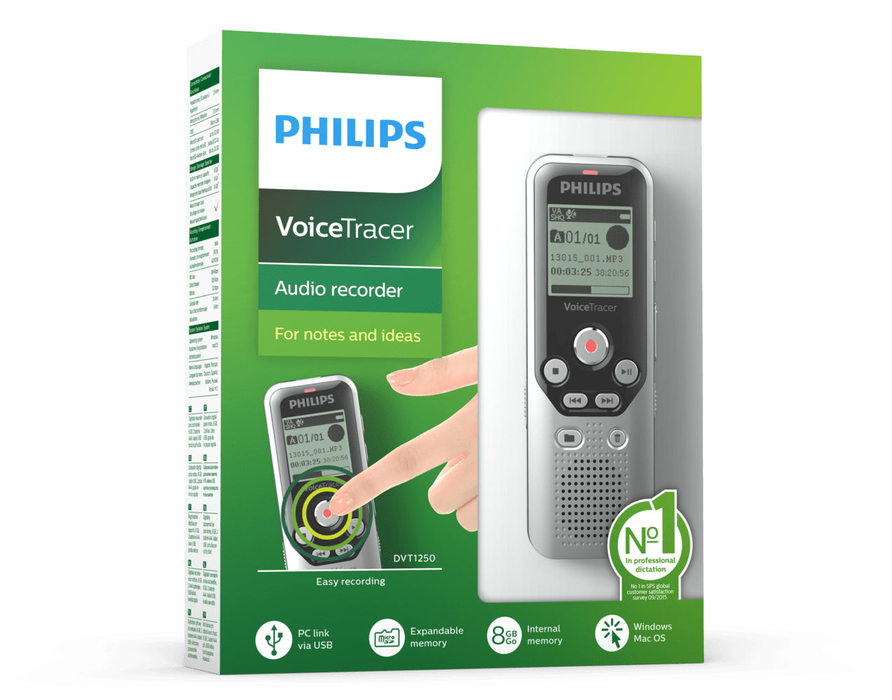 Philips DVT1250/00 – Digitales Diktiergerät, bis 583 h, 8 GB, USB, Line-in, Kopfhörer, Schwarz