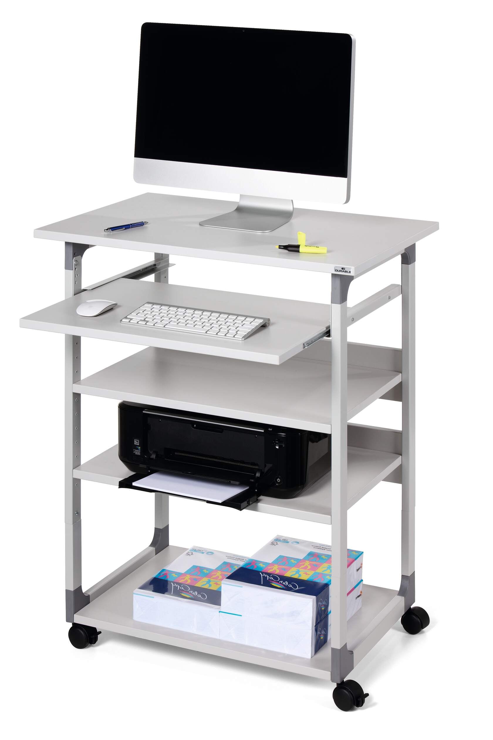 Durable SYSTEM 75 VH IT-/Medizin-Fahrwagen – 75 × 53,4 × 115 cm, höhenverstellbar, grau, Stahl