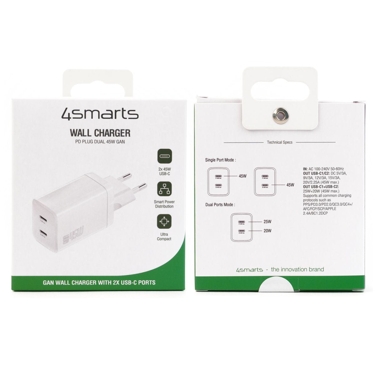 4smarts PDPlug Dual Ladegerät – 45 W, 2× USB-C, PD, QC, GaN – für USB-C-Geräte