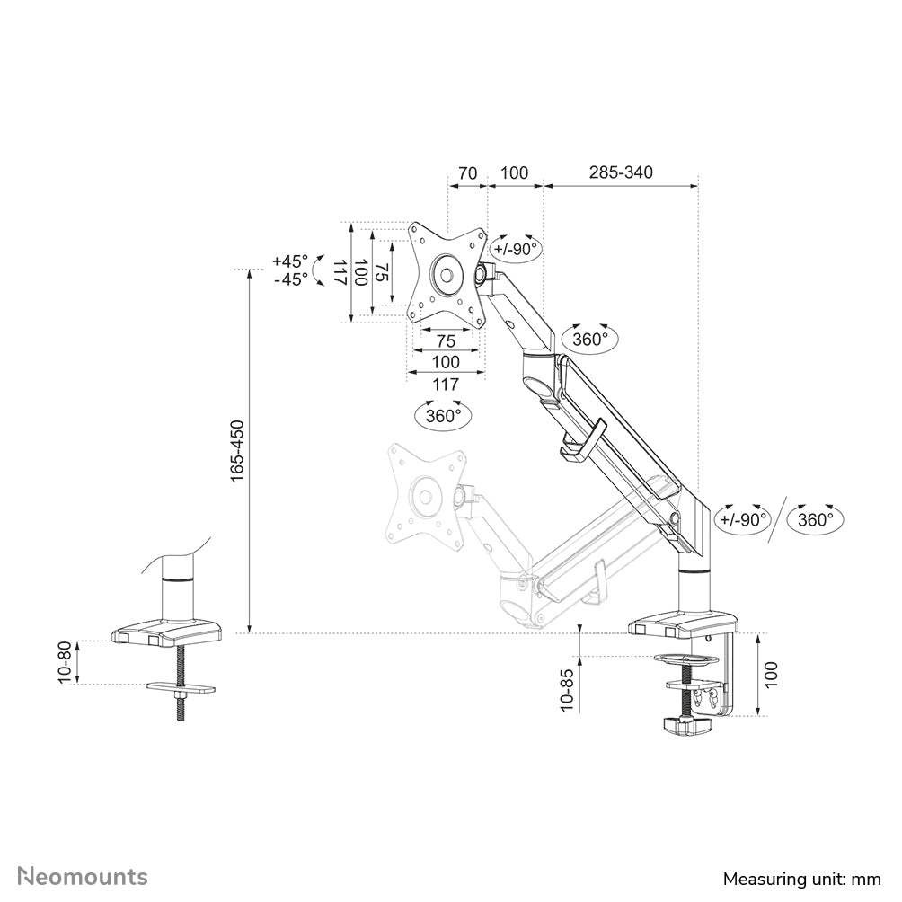Neomounts DS70-810BL1 – Monitorarm, Single, bis 32", 1–9 kg, gasunterstützt, 180°-Stopp, schwarz