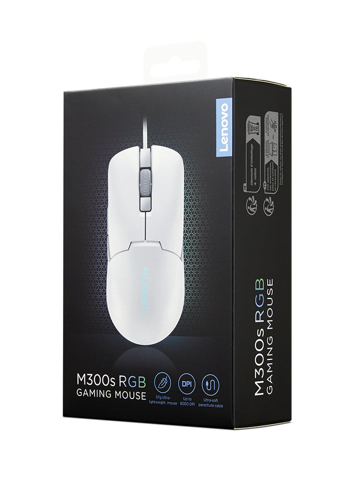 Lenovo Legion M300S – Gaming-Maus – Kabelgebunden (USB‑A), 8000 DPI, RGB-Beleuchtung, rechts, Weiss