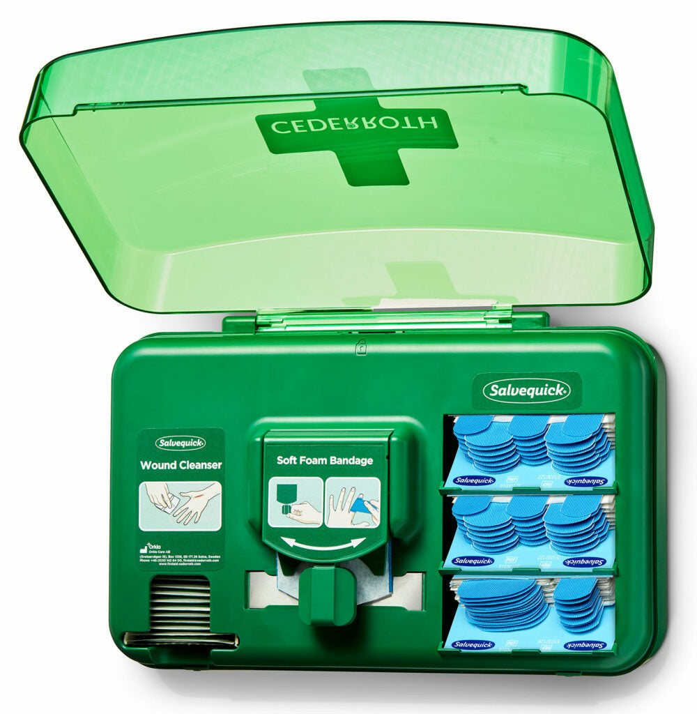 Cederroth Wundversorgungs-Spender – 40 Wundreinigungstücher, Soft-Foam 4,5 m, 2 detektierbare Pflaster