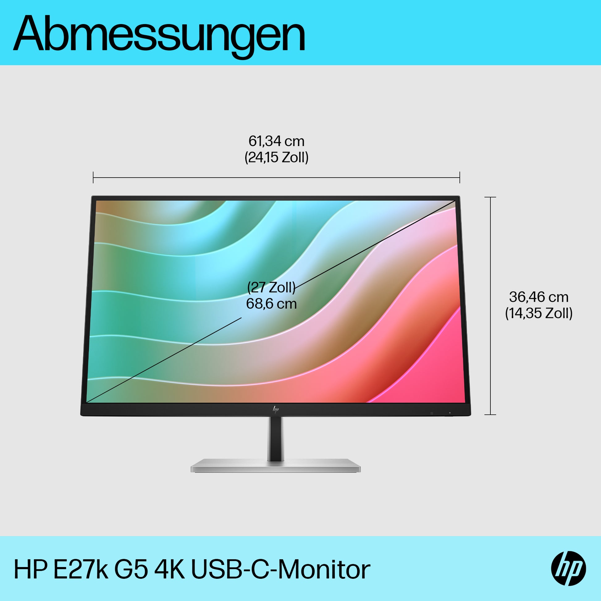 HP E27k G5 – Monitor, 27" 4K UHD (3840 × 2160), IPS, 60 Hz, 350 cd/m², USB-C, Lautsprecher, Schwarz/Silber