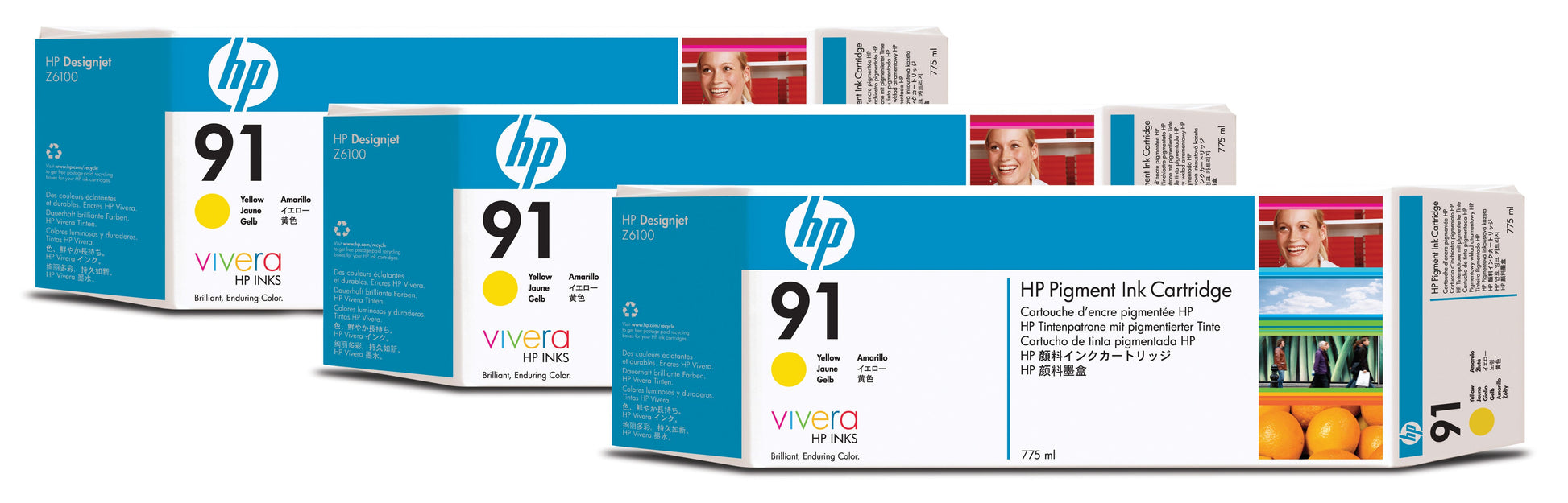 HP Tintenpatronen-Multipack Nr. 91 (C9485A), Gelb, 3er-Pack, Original – für Designjet Z 6100
