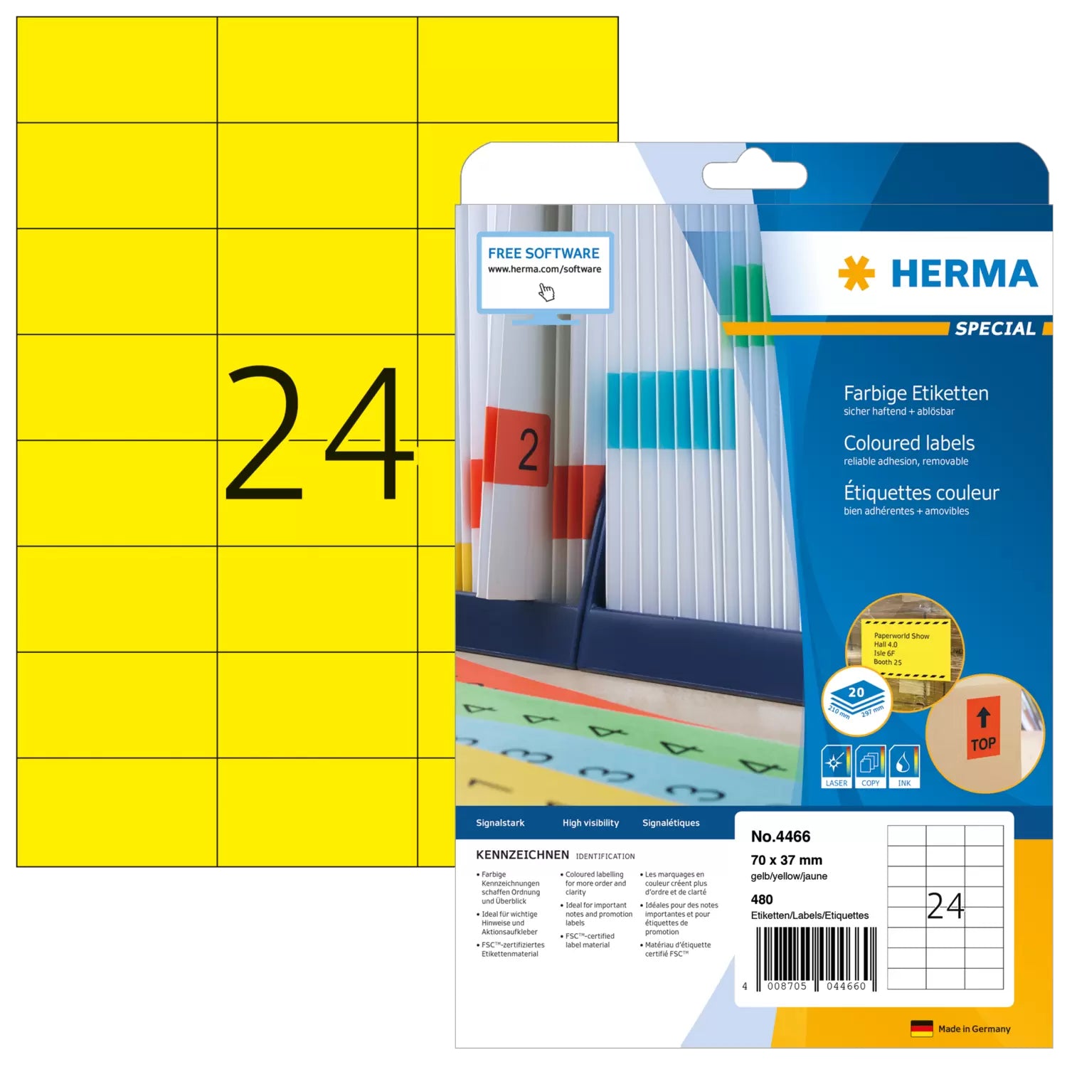 HERMA Drucketiketten, 70 mm × 37 mm, gelb, Papier, permanent, 20 Blätter (480 Etiketten)