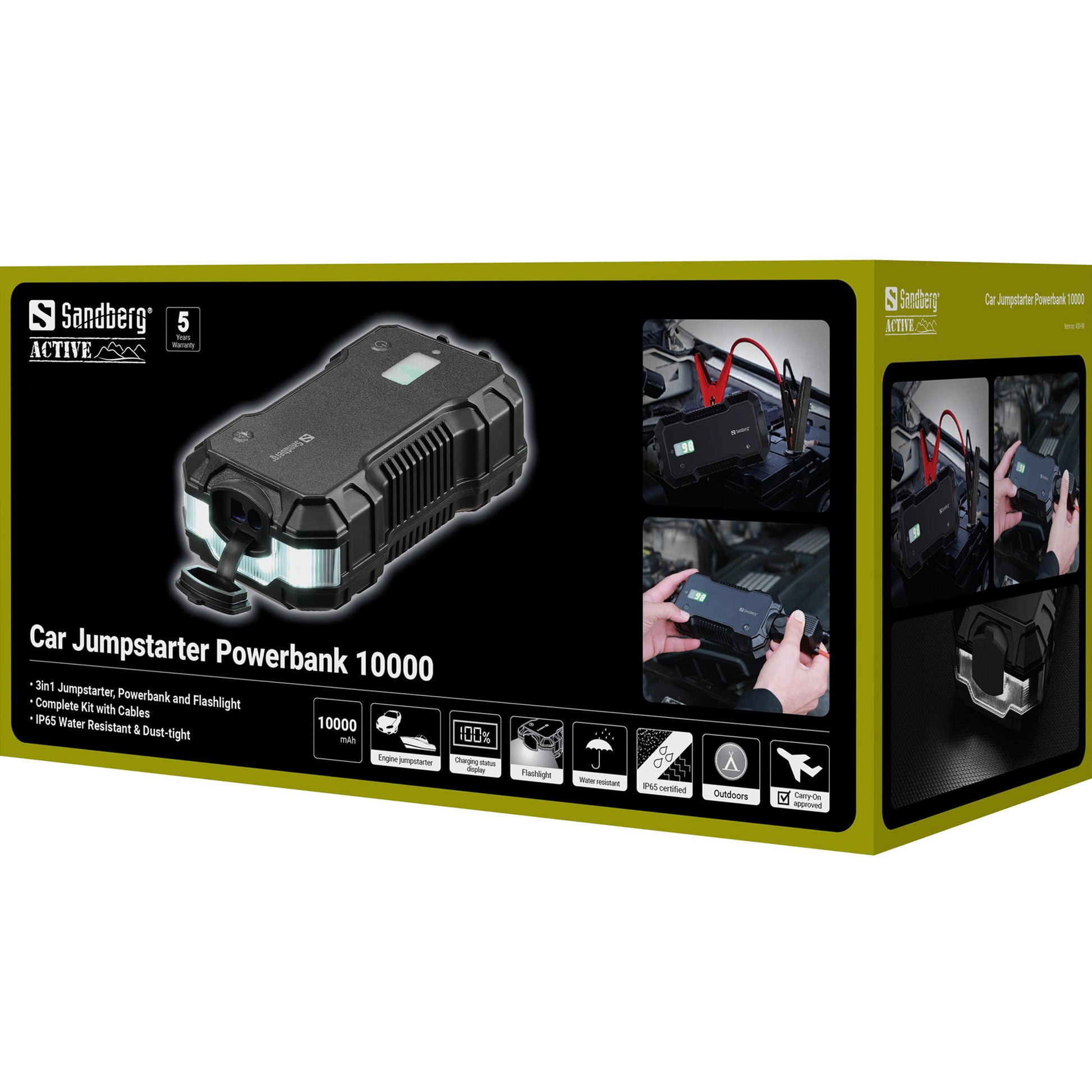 Sandberg Starthilfe-Powerbank – 10'000 mAh, PD 18 W, 1× USB-C, 1× USB-A, IP65, Schwarz, für Starthilfe