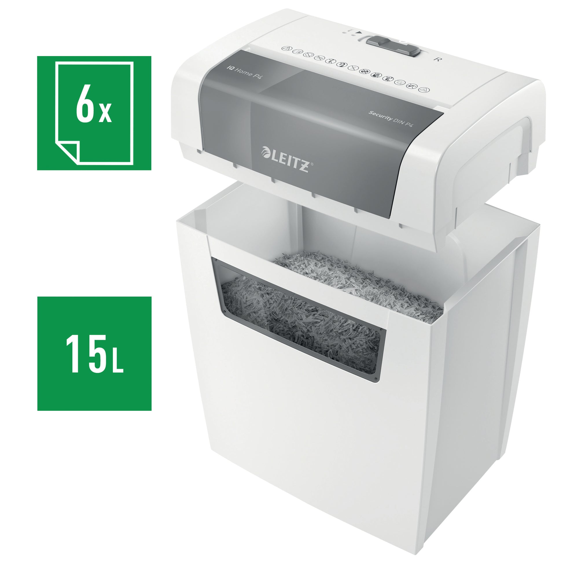 Leitz IQ Home – Aktenvernichter, DIN P-4, Partikelschnitt 4 × 28 mm, 6 Blatt, 15 l, A4