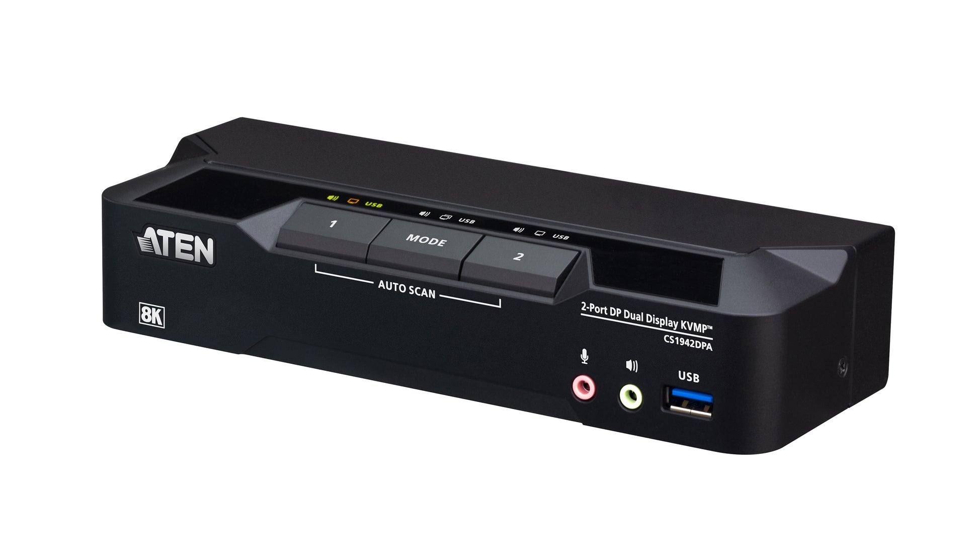 ATEN 2-Port DP Dual-View KVM-Switch – 7680 × 4320/60 Hz, USB 3.0-Hub, Audio