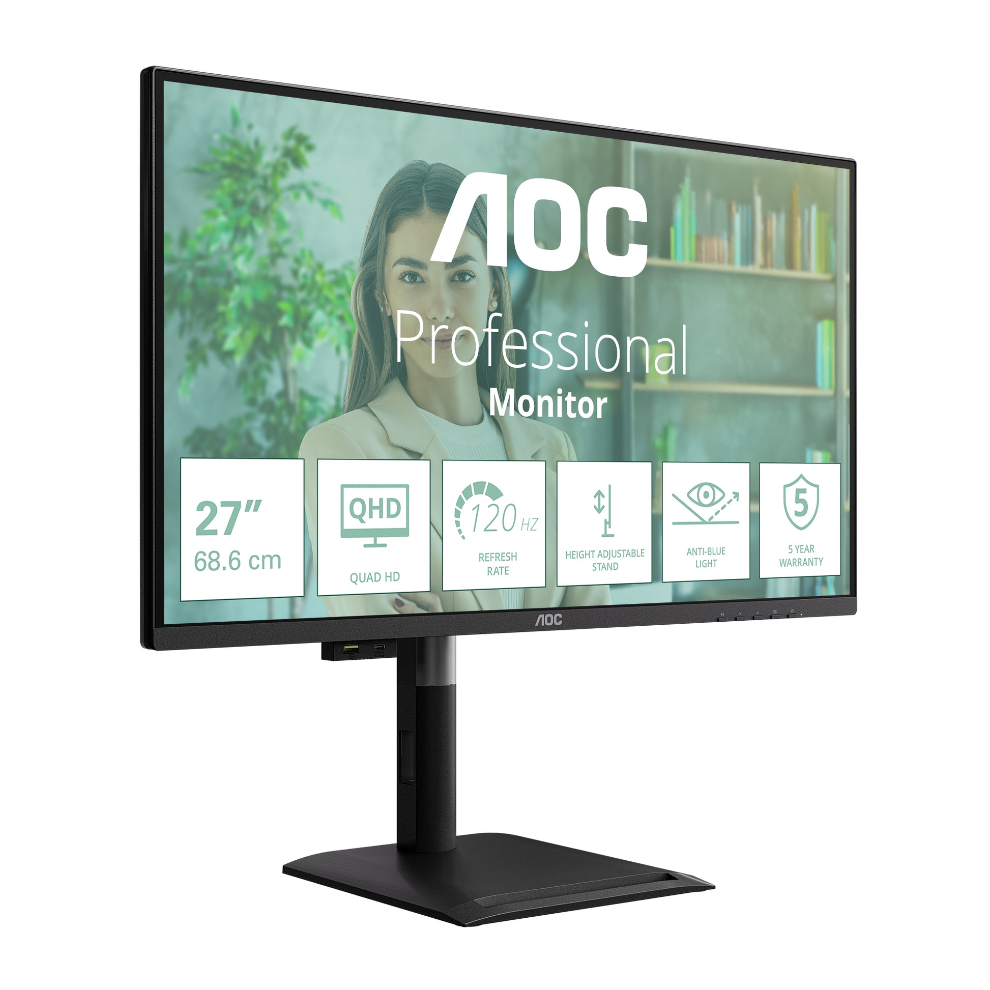 AOC Q27P4U – Monitor, 27", 2560 × 1440 (WQHD), IPS, 120 Hz, 350 cd/m², USB-Hub, Adaptive Sync, Schwarz