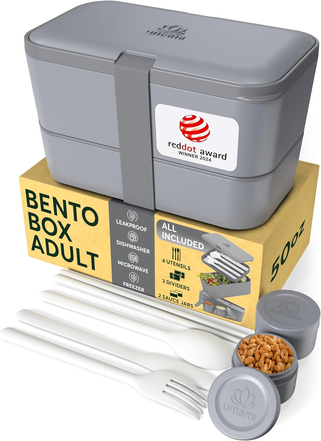 Umami Nestbare Bento Box – Lunchbox 1,5 l, 11 × 18,2 × 7 cm, Polypropylen (PP), grau, inkl. Besteck