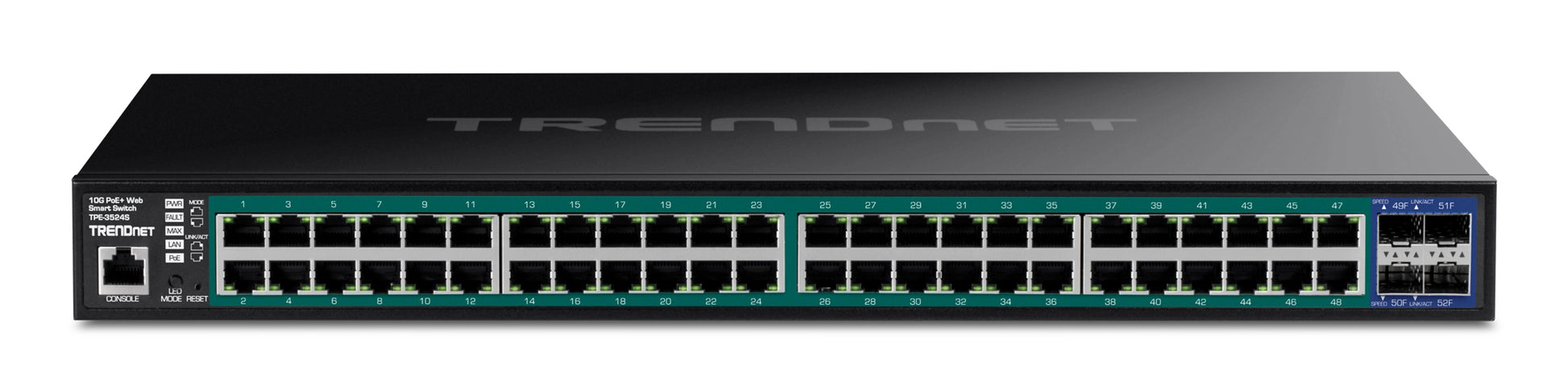 TRENDnet TPE-3524S – Managed Switch – 48×GbE, 4×SFP+, L2+/L3, PoE+ 410 W, 1U