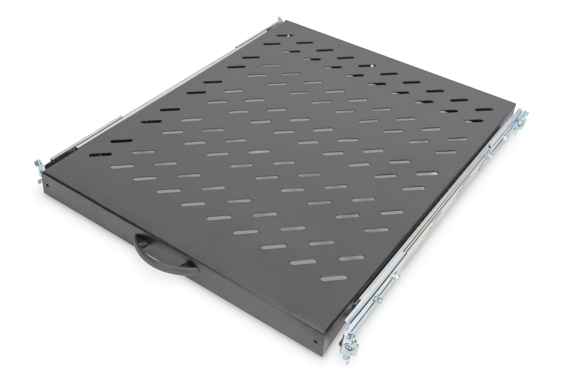 Digitus 19" Rangierpanel, 1U, ausziehbar, Lochblech, Tragkraft 25 kg – für 19" (483 mm) Schränke – schwarz