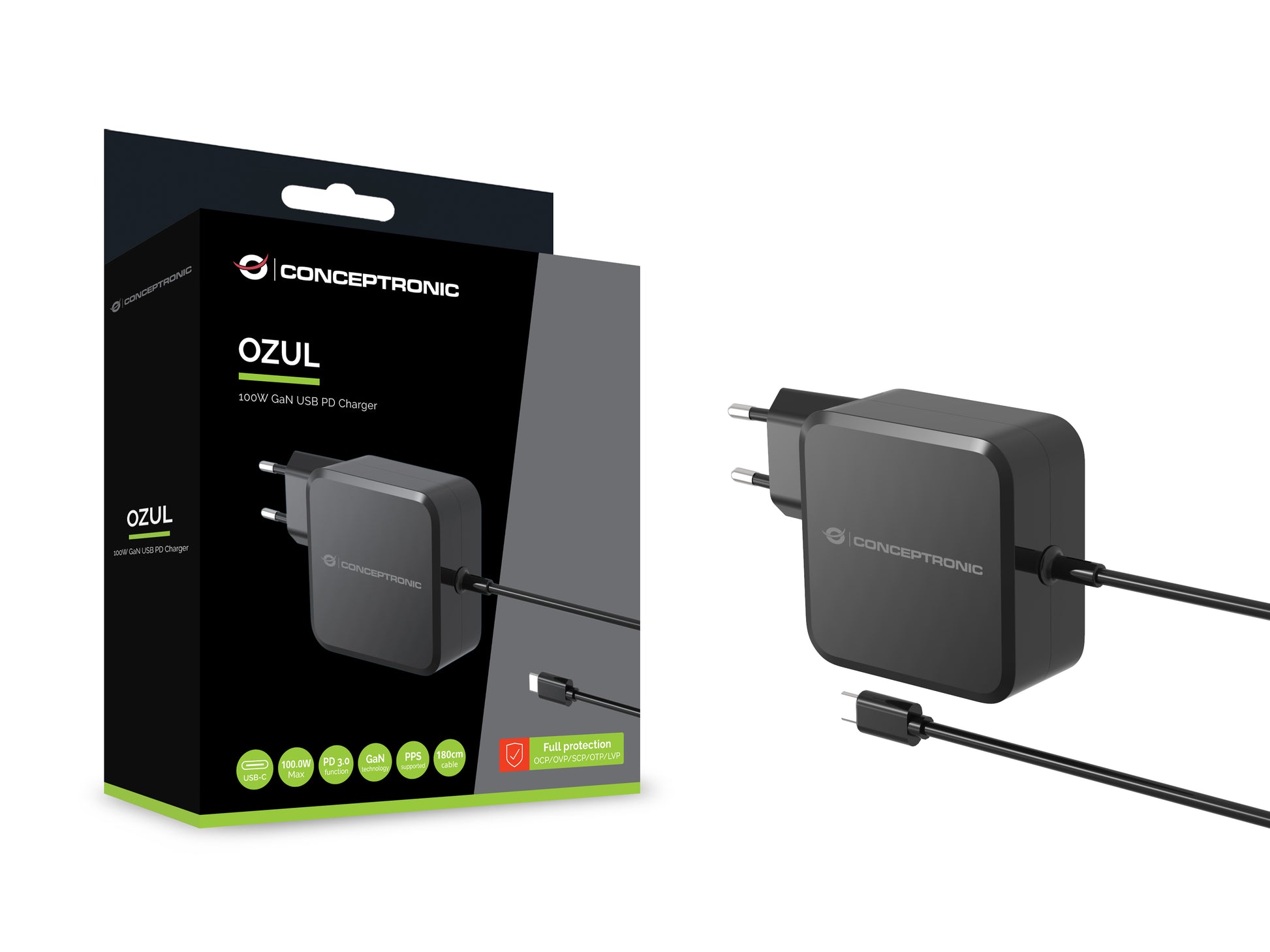 Conceptronic OZUL05BE USB-Ladegerät 100 W – USB-C (integriertes Kabel) – PD 3.0, PPS, GaN