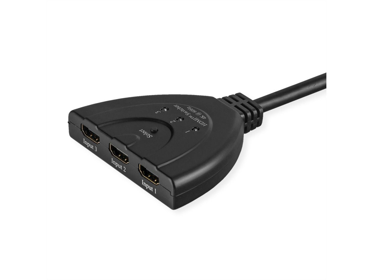 VALUE HDMI Switch, 3× HDMI In / 1× HDMI Out, 4K@60 Hz, Umschaltung per Taster, Schwarz