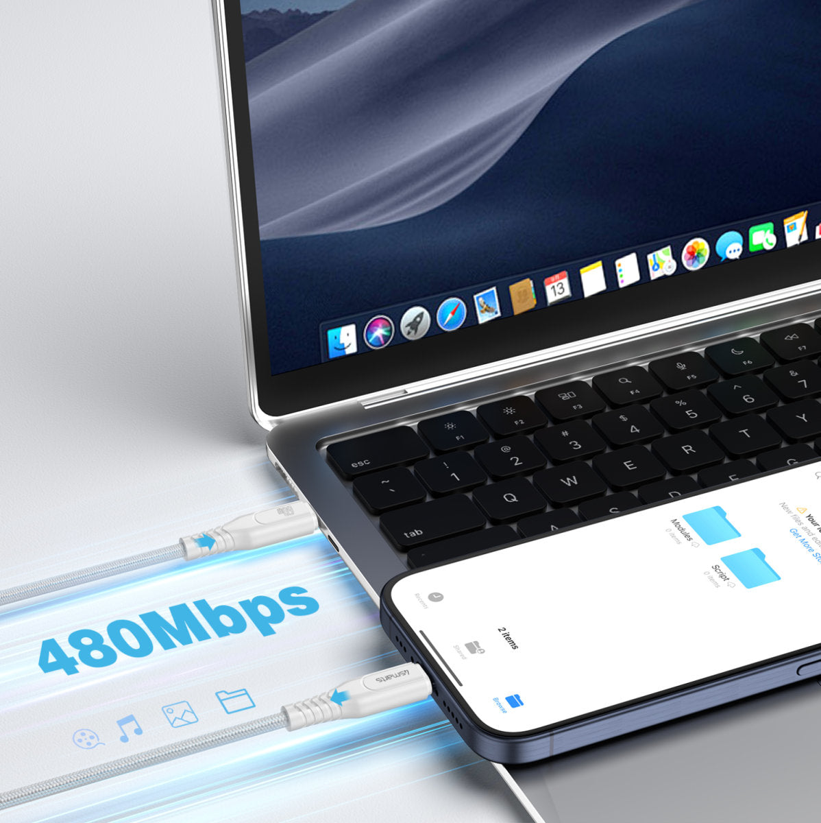 4smarts USB-C auf USB-C Kabel – USB 2.0 (480 Mbit/s) – 1,5 m – PD 60 W – Geflochten – Weiss