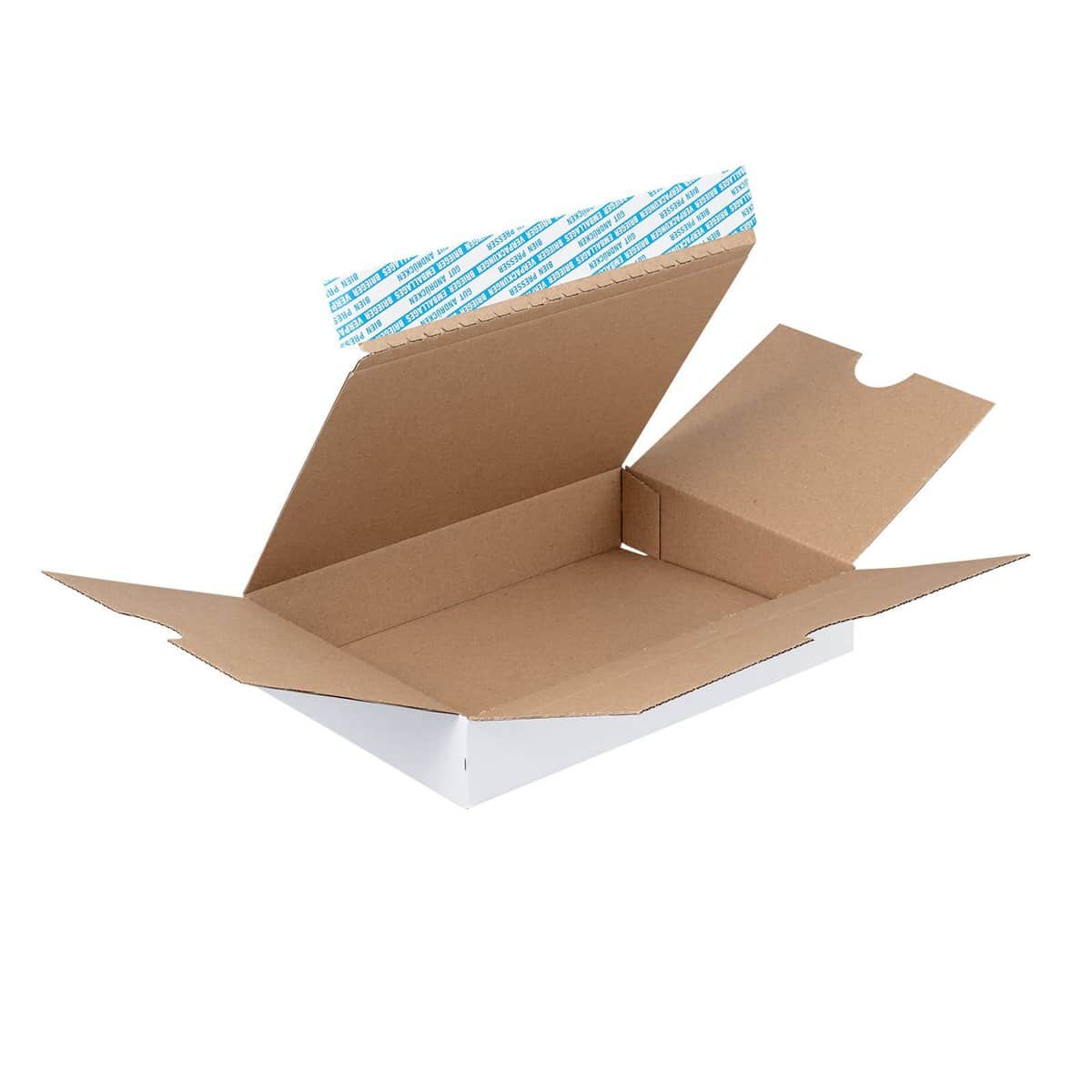 Brieger Versandkarton – für C5 – 238 × 164 × 100 mm, 1,5 mm, selbstklebend, Automatikboden, weiss