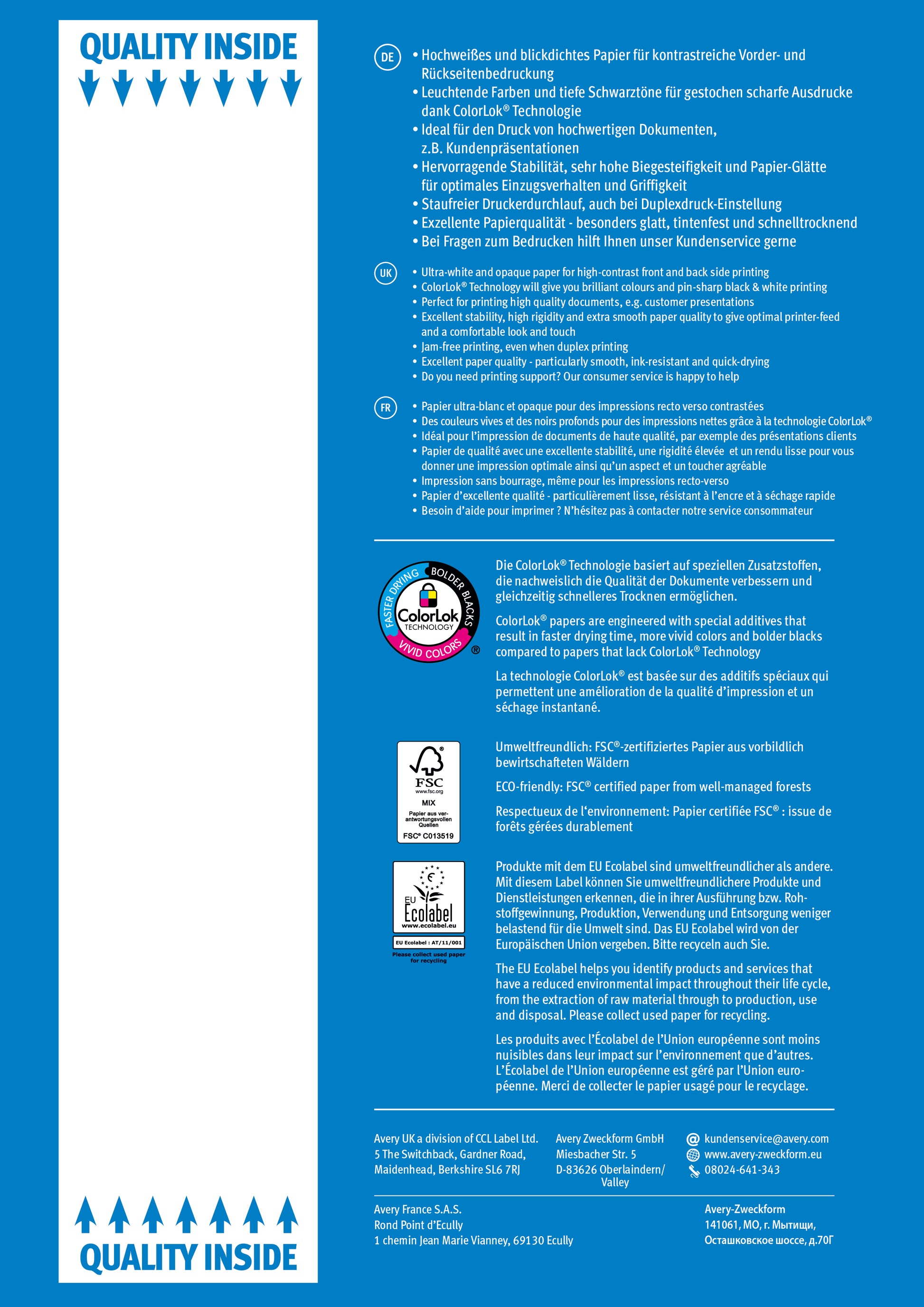Avery Inkjetpapier – A4, 100 g/m², hochweiss – für Inkjet/Laser/Kopierer – FSC, EU Ecolabel – 500 Blatt