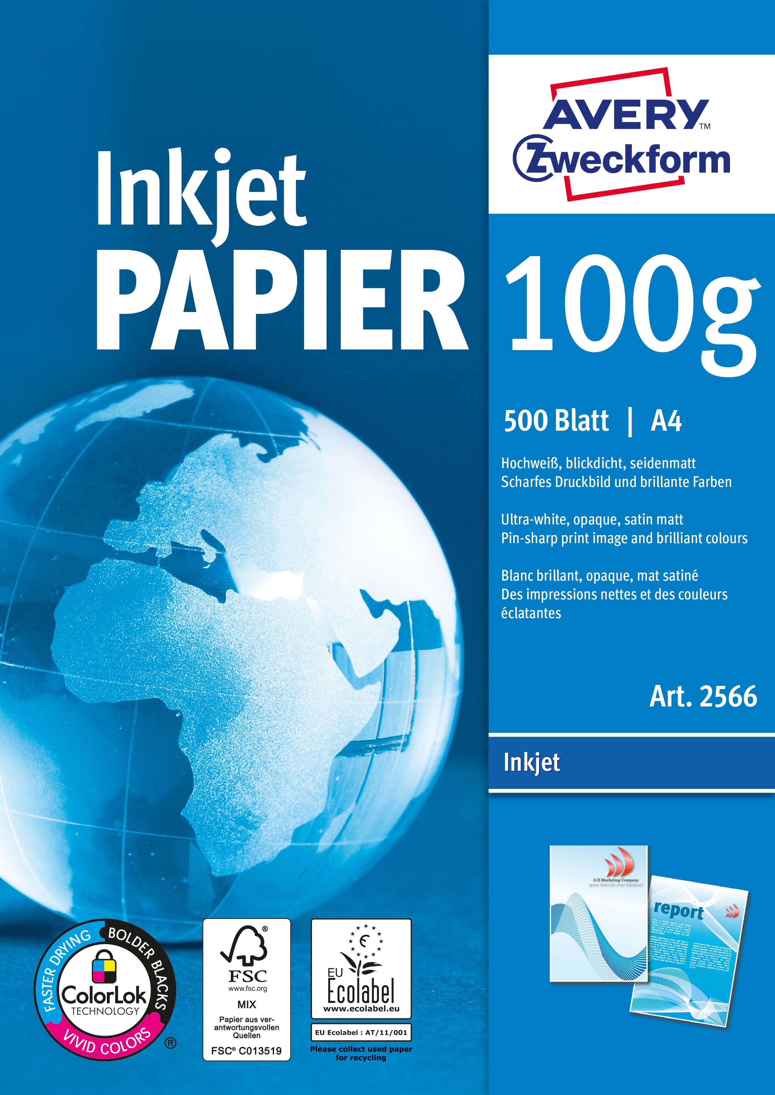 Avery Inkjetpapier – A4, 100 g/m², hochweiss – für Inkjet/Laser/Kopierer – FSC, EU Ecolabel – 500 Blatt